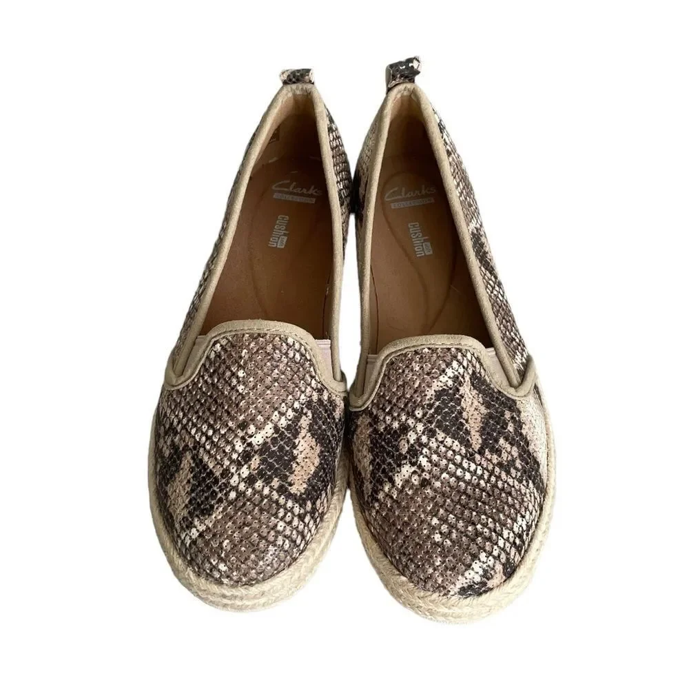 CLARKS Collection Slip On Espadrilles Shoes Snake Print Tan Brown 8.5